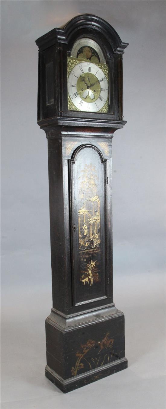 A late 18th century chinoiserie longcase clock with moonphase, Nich. Ivey, Redruth, H.216cm